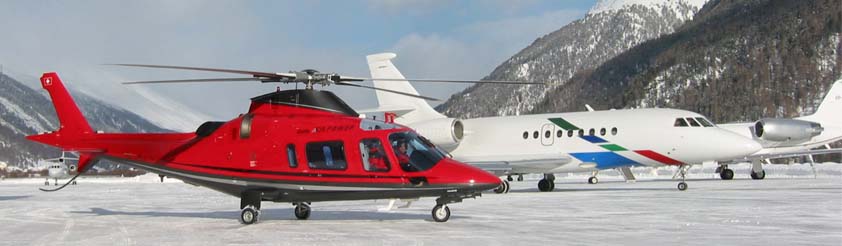 Helicopter Airport Transfers - Private Jet Arrivals and Departures - Picture: Agusta 109 waiting to collect clients next to a private jet before departure